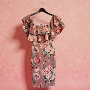 Boohoo off the shoulder floral ruffle midi dress